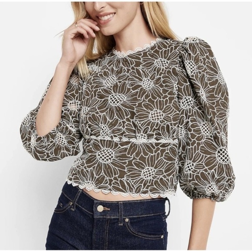 Express‎ Olive Green Floral Eyelet Puff Sleeve Open Back Top Medium